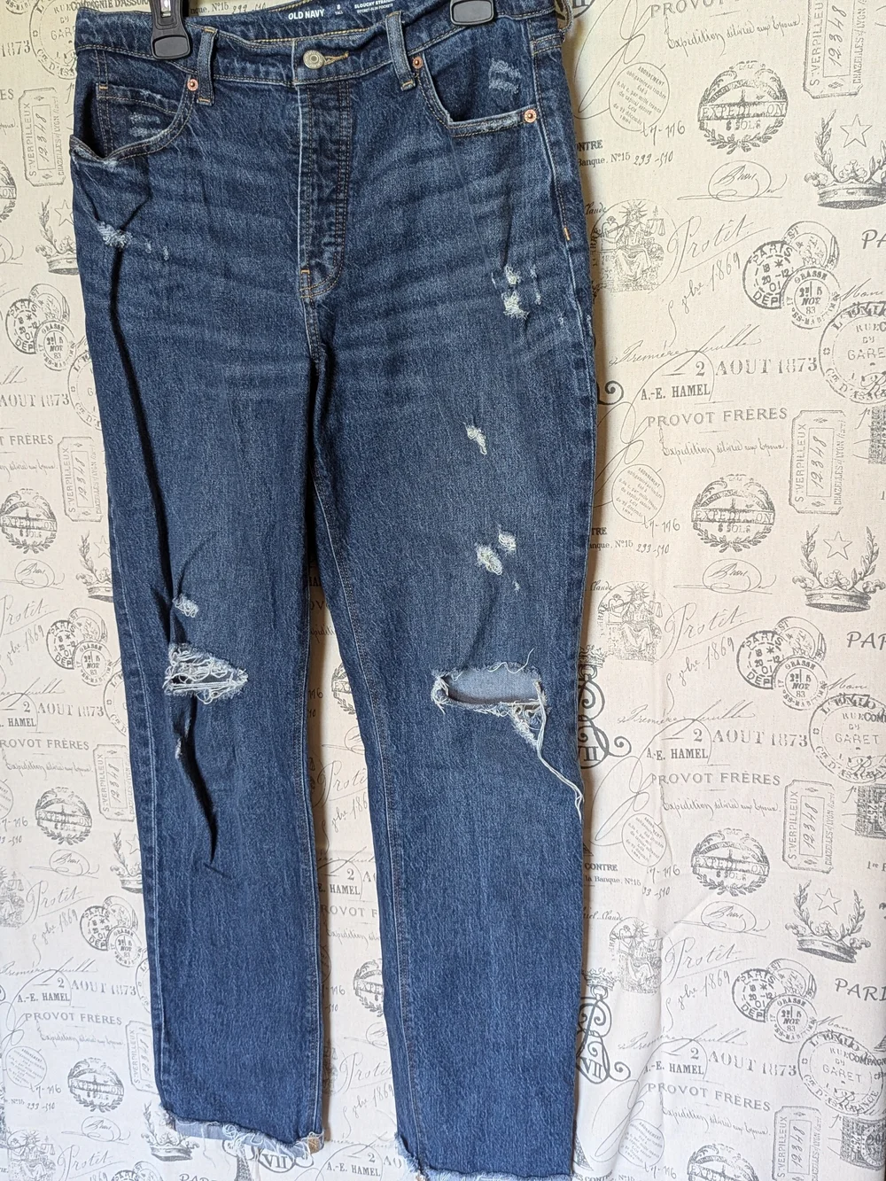 Old Navy Women’s Dark Blue Distressed High Rise Slouchy Straight-Leg Jeans 8-10